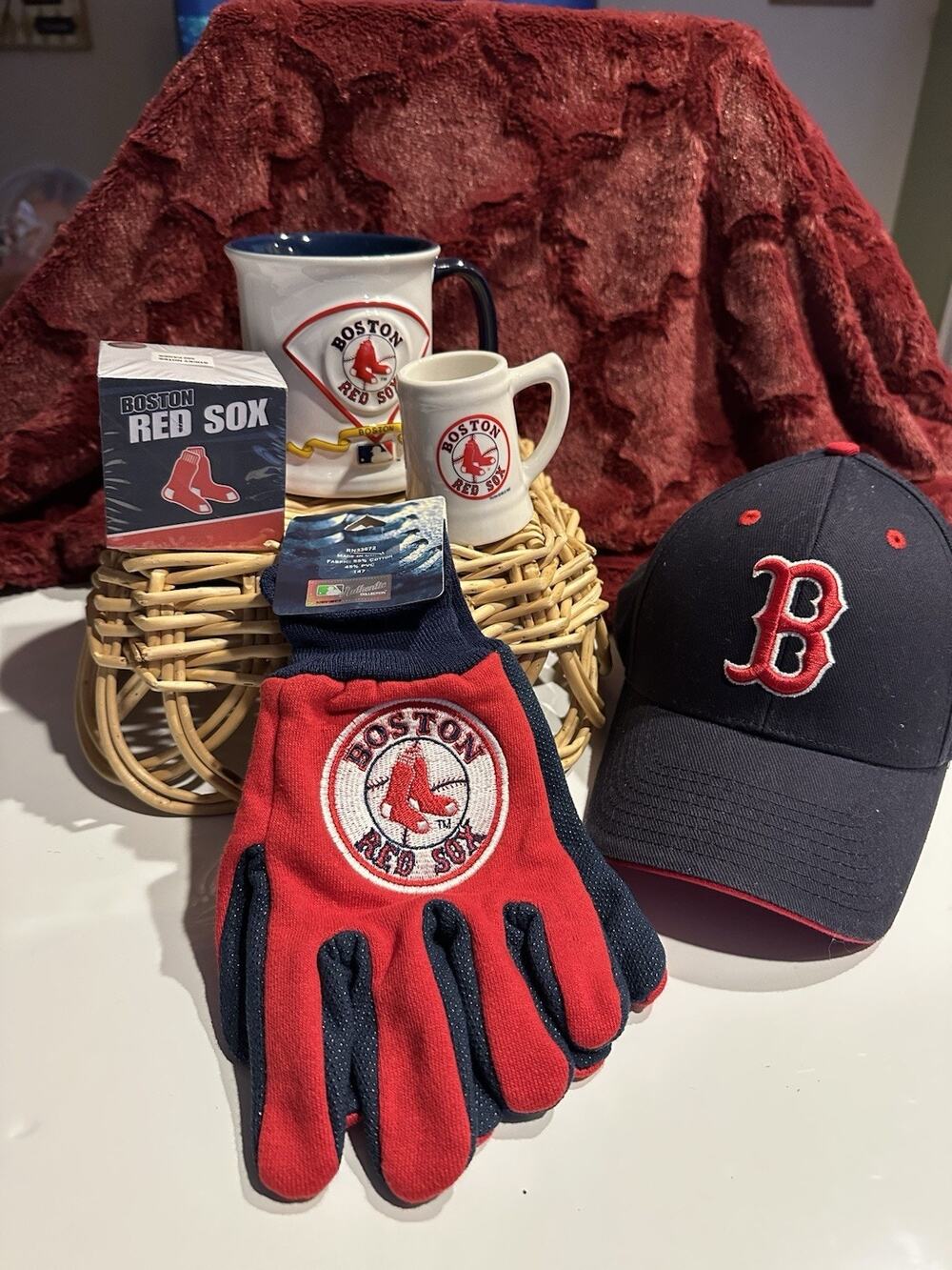 Collection of Boston Red Sox merchandise mugs hat sticky notes gloves MLB Set 6